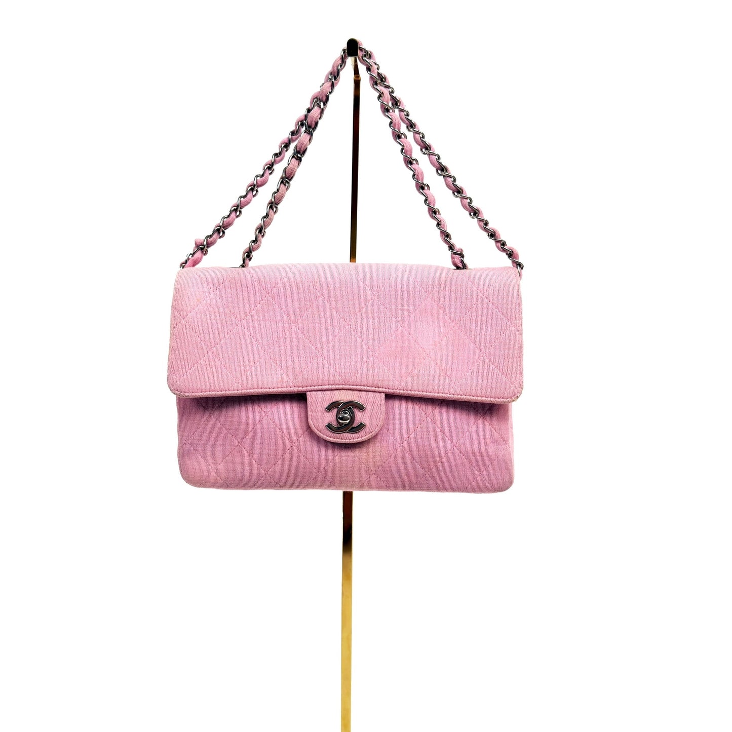 CHANEL classic pink jersey knit flap bag