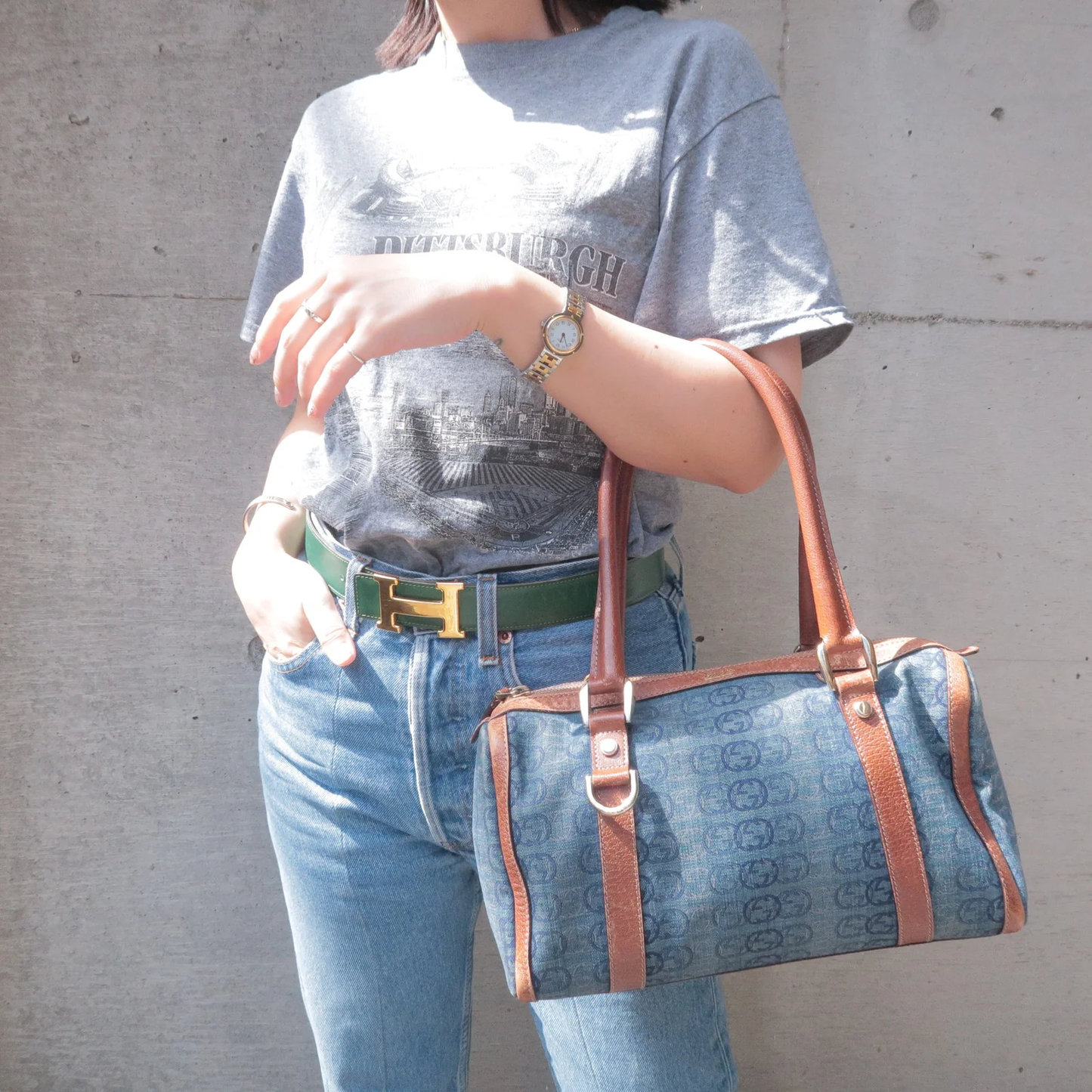 GUCCI denim abbey monogram boston bag