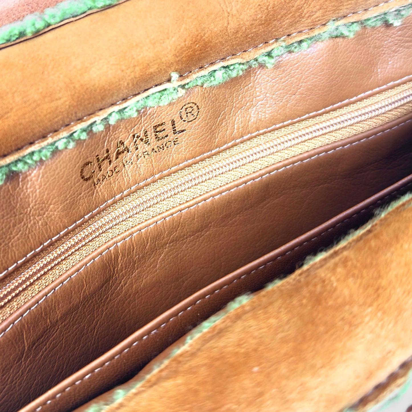 CHANEL suede coco green shearling bag