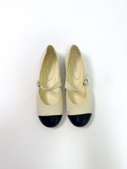 CHANEL cream strap mary Jane ballet flats 37