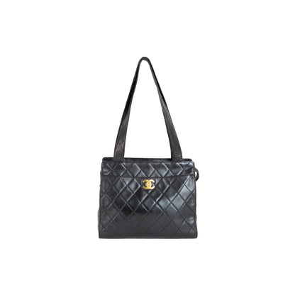 CHANEL black lambskin quilted leather tote