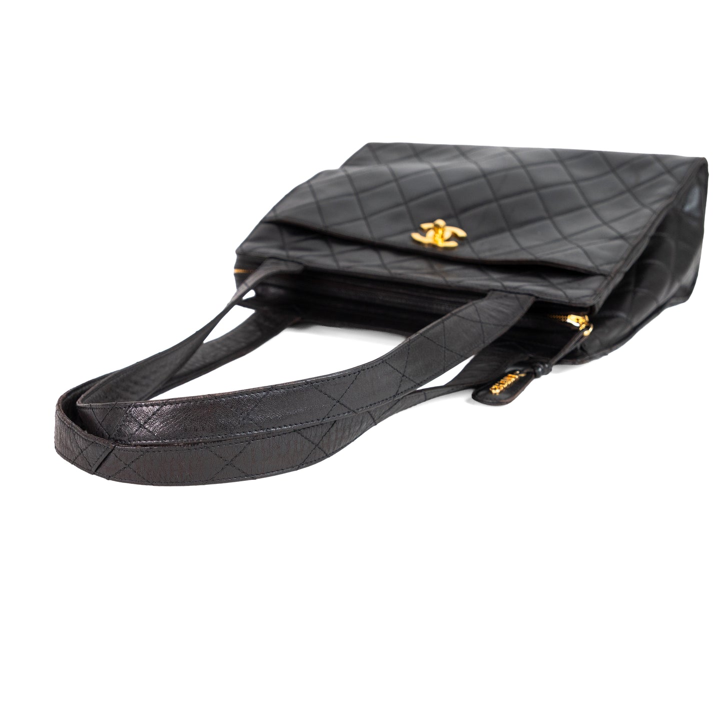 CHANEL black lambskin quilted leather tote