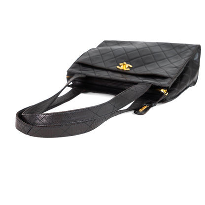 CHANEL black lambskin quilted leather tote