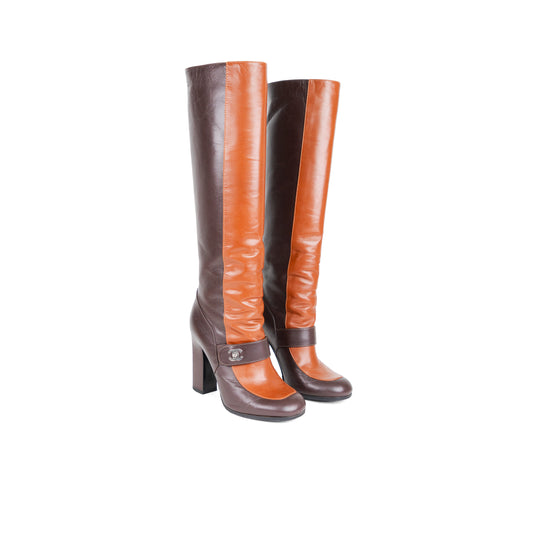 CHANEL leather chocolate brown knee high boots 35.5
