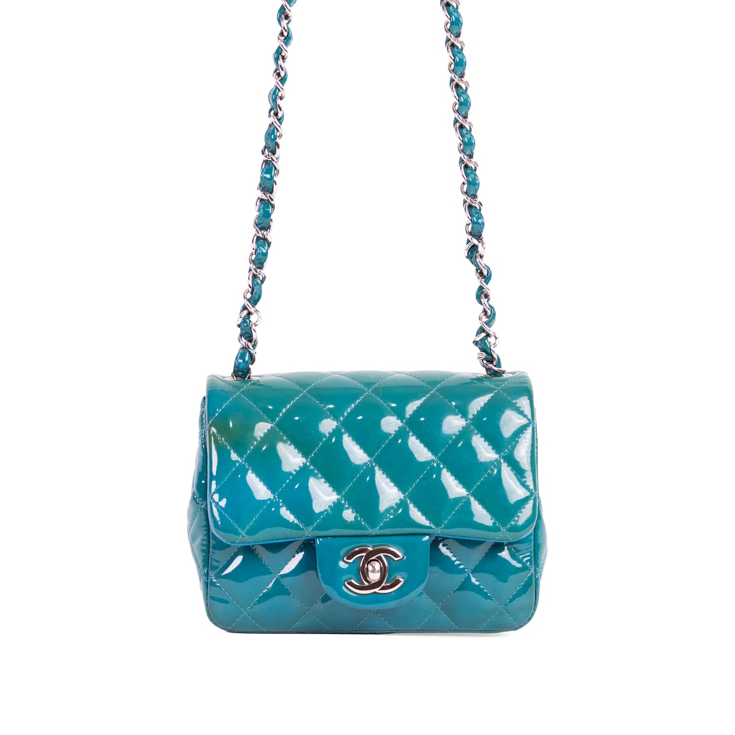 CHANEL turquoise patent leather mini flap bag