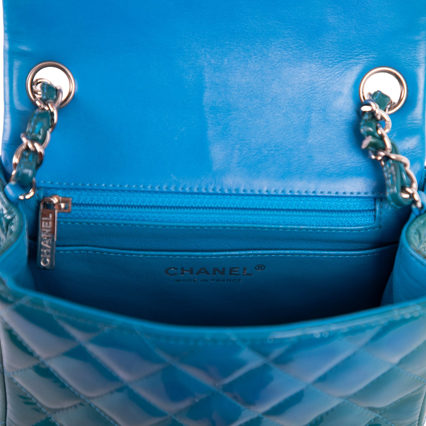 CHANEL turquoise patent leather mini flap bag
