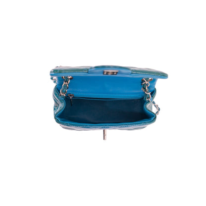 CHANEL turquoise patent leather mini flap bag