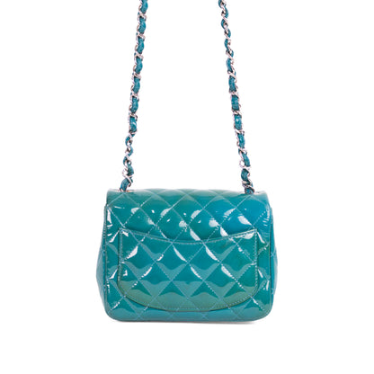 CHANEL turquoise patent leather mini flap bag