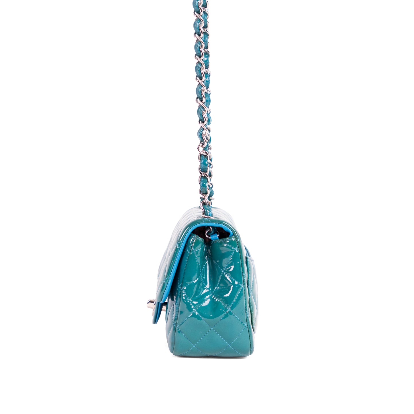 CHANEL turquoise patent leather mini flap bag