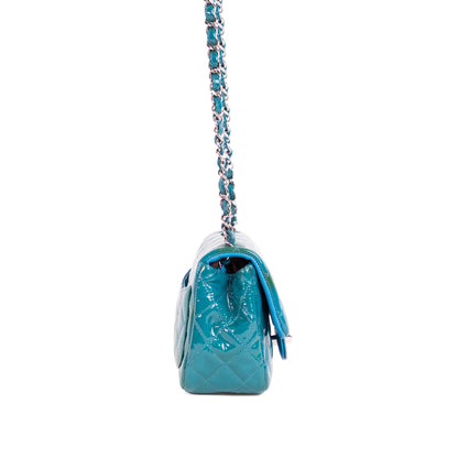 CHANEL turquoise patent leather mini flap bag