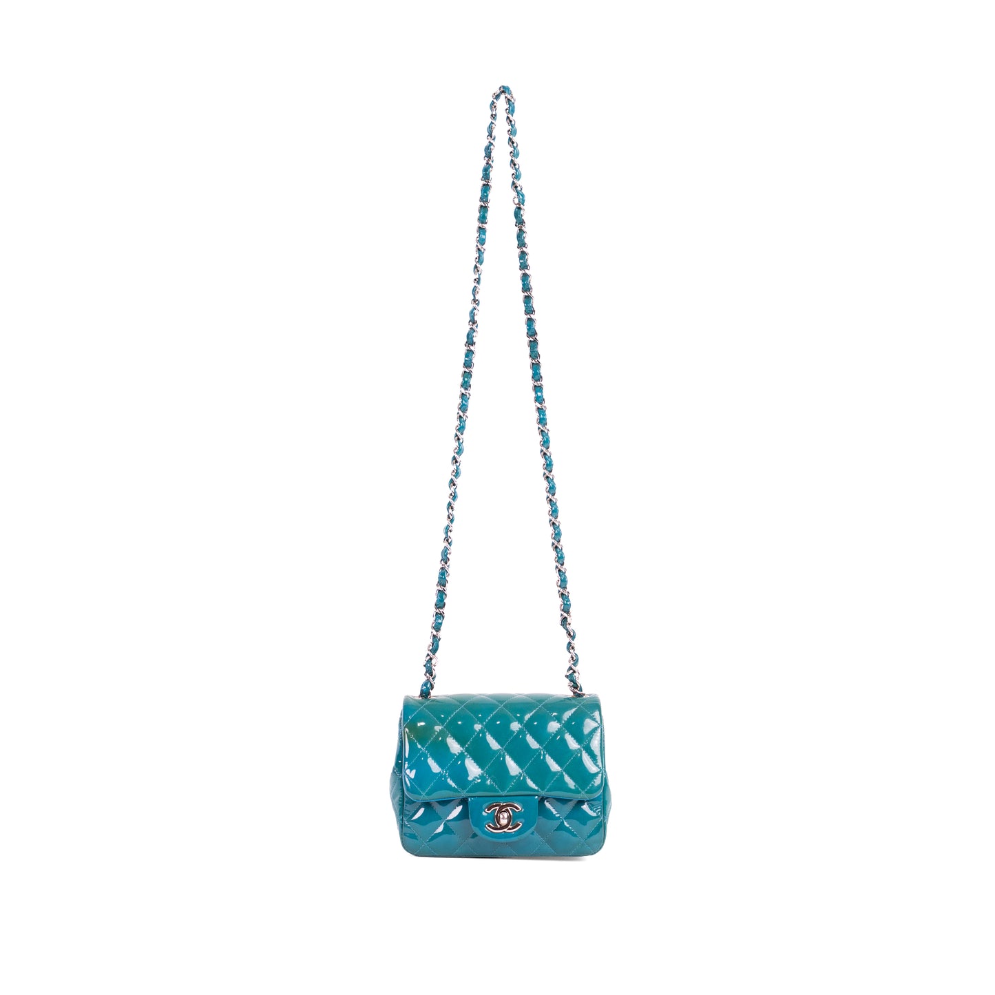 CHANEL turquoise patent leather mini flap bag