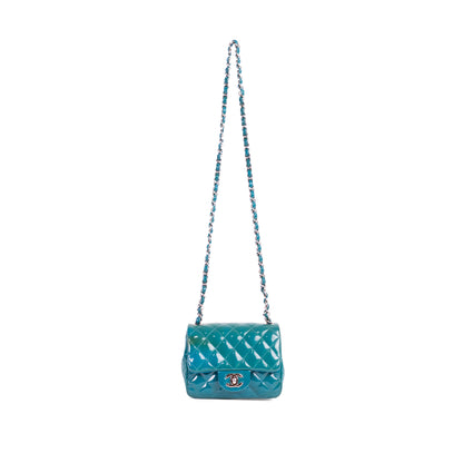 CHANEL turquoise patent leather mini flap bag