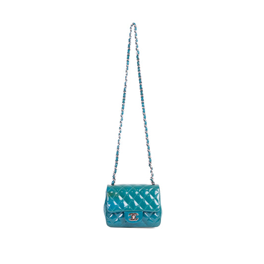 CHANEL turquoise patent leather mini flap bag