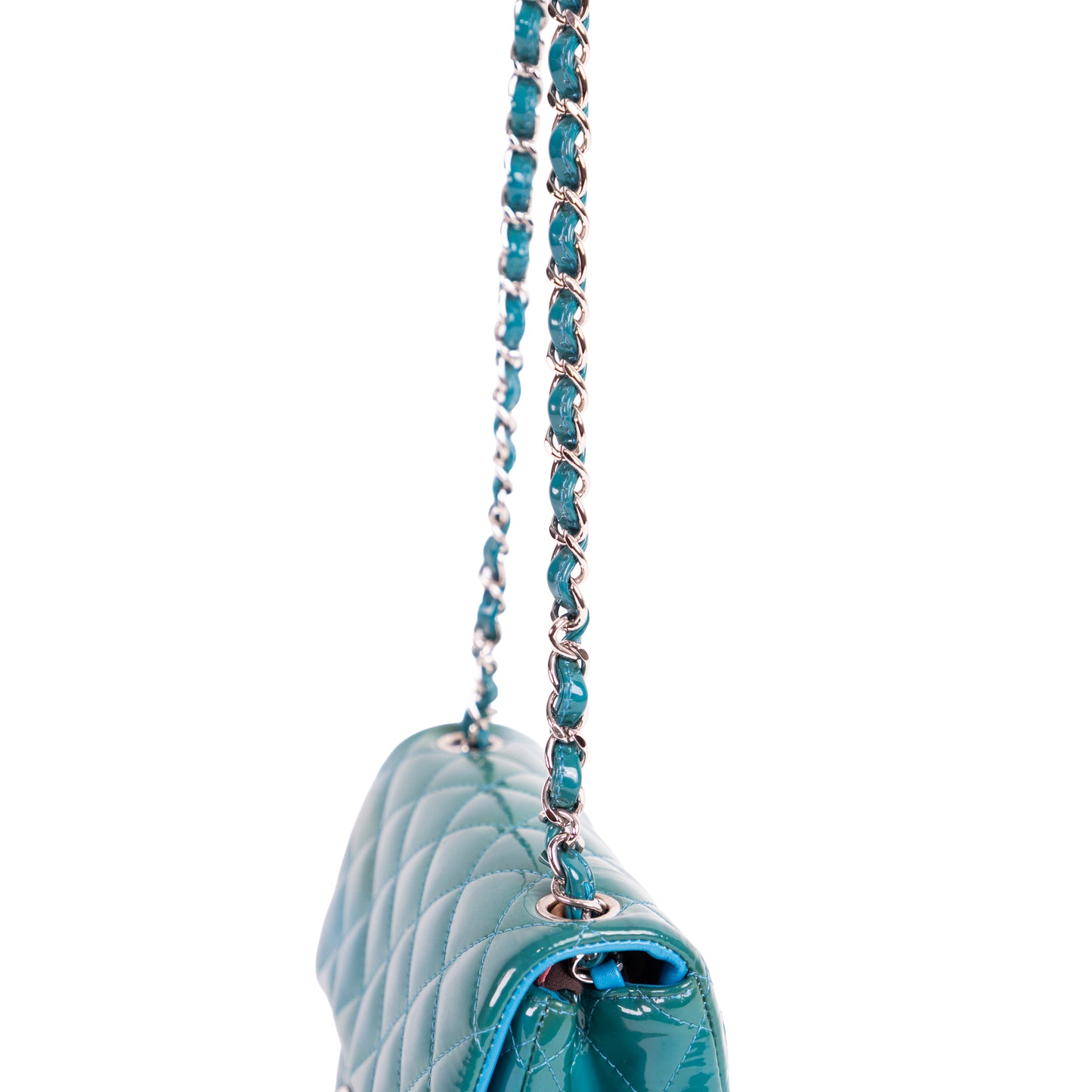 CHANEL turquoise patent leather mini flap bag