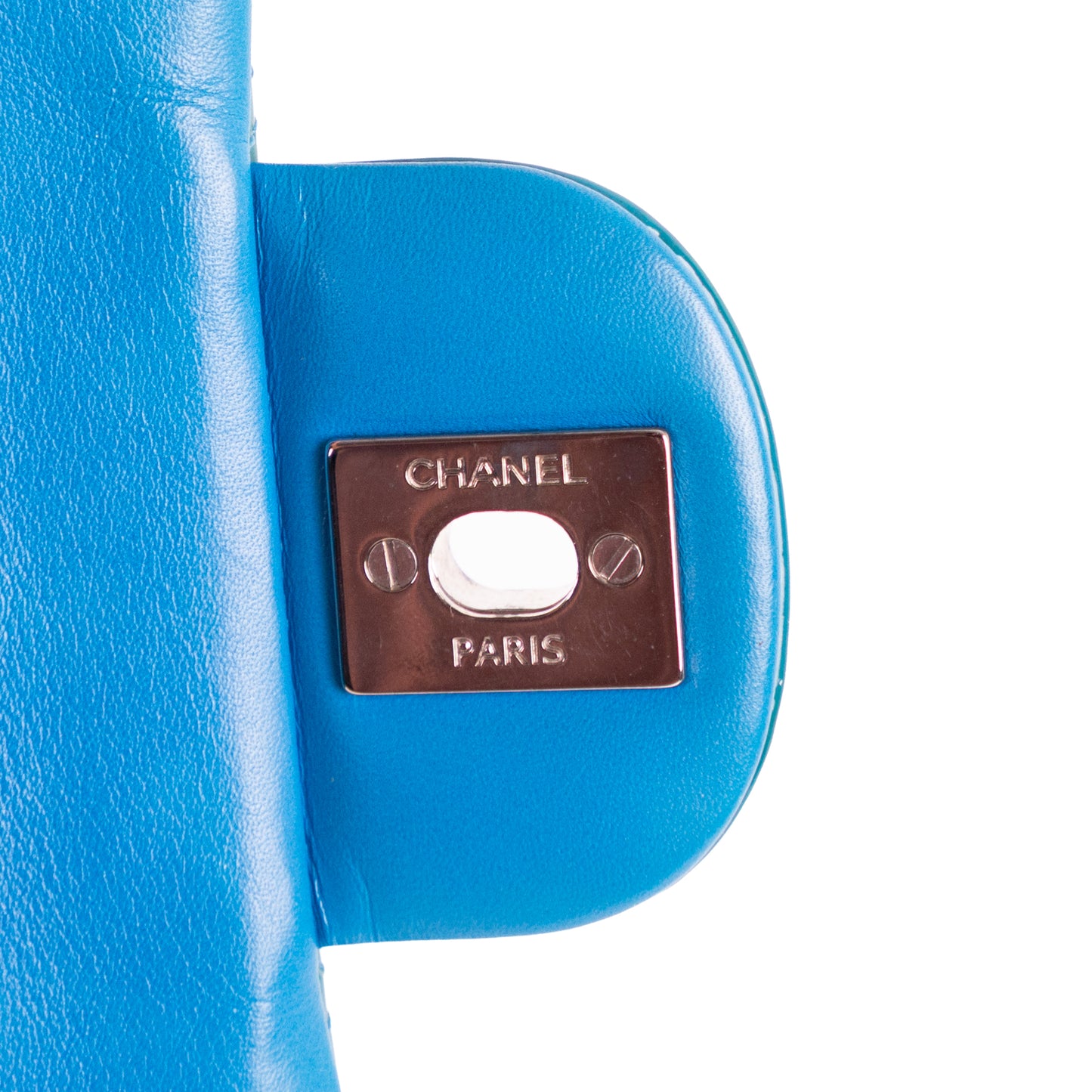 CHANEL turquoise patent leather mini flap bag