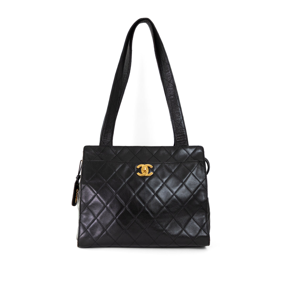 CHANEL black lambskin quilted leather tote