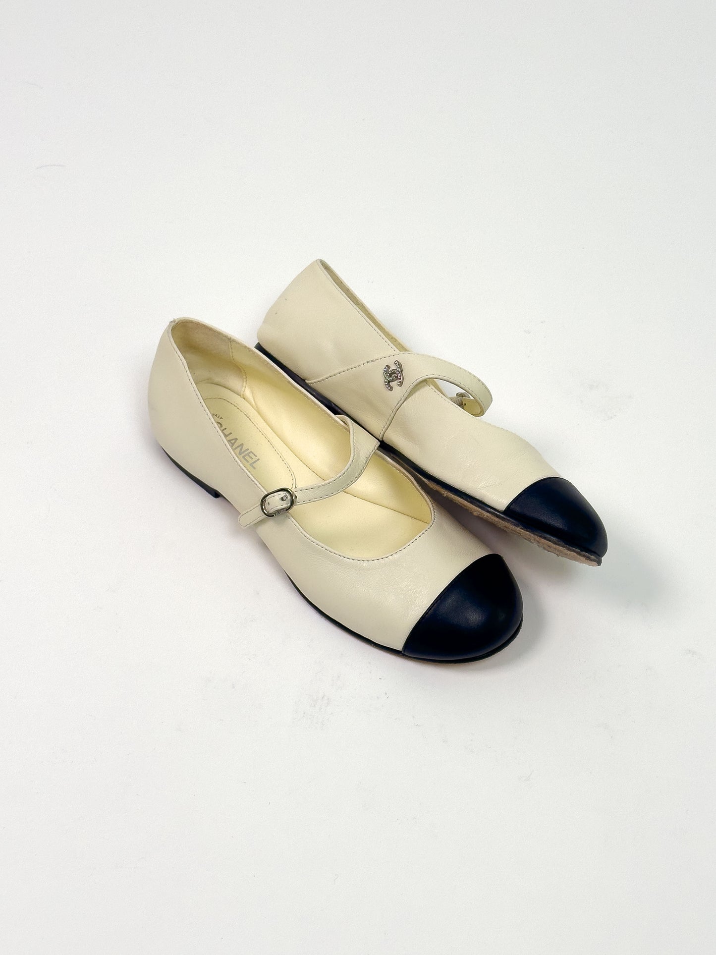 CHANEL cream strap mary Jane ballet flats 37