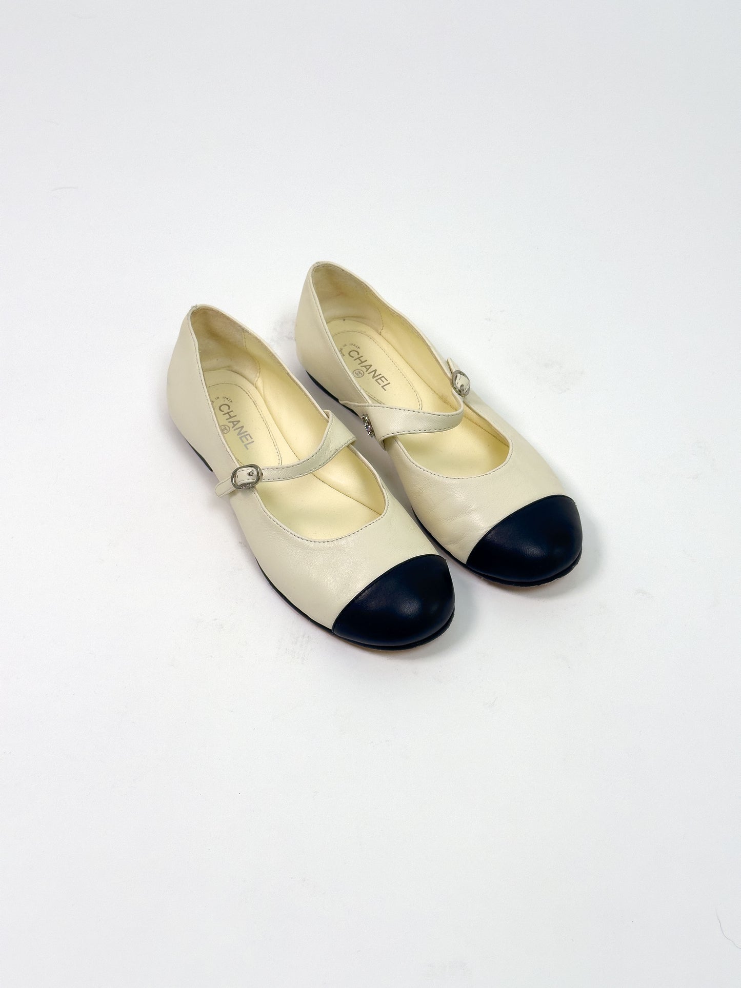 CHANEL cream strap mary Jane ballet flats 37