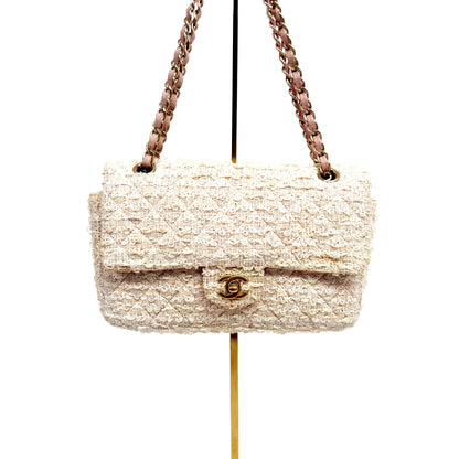 CHANEL Quilted Baby Pink Tweed Classic Single Flap Bag