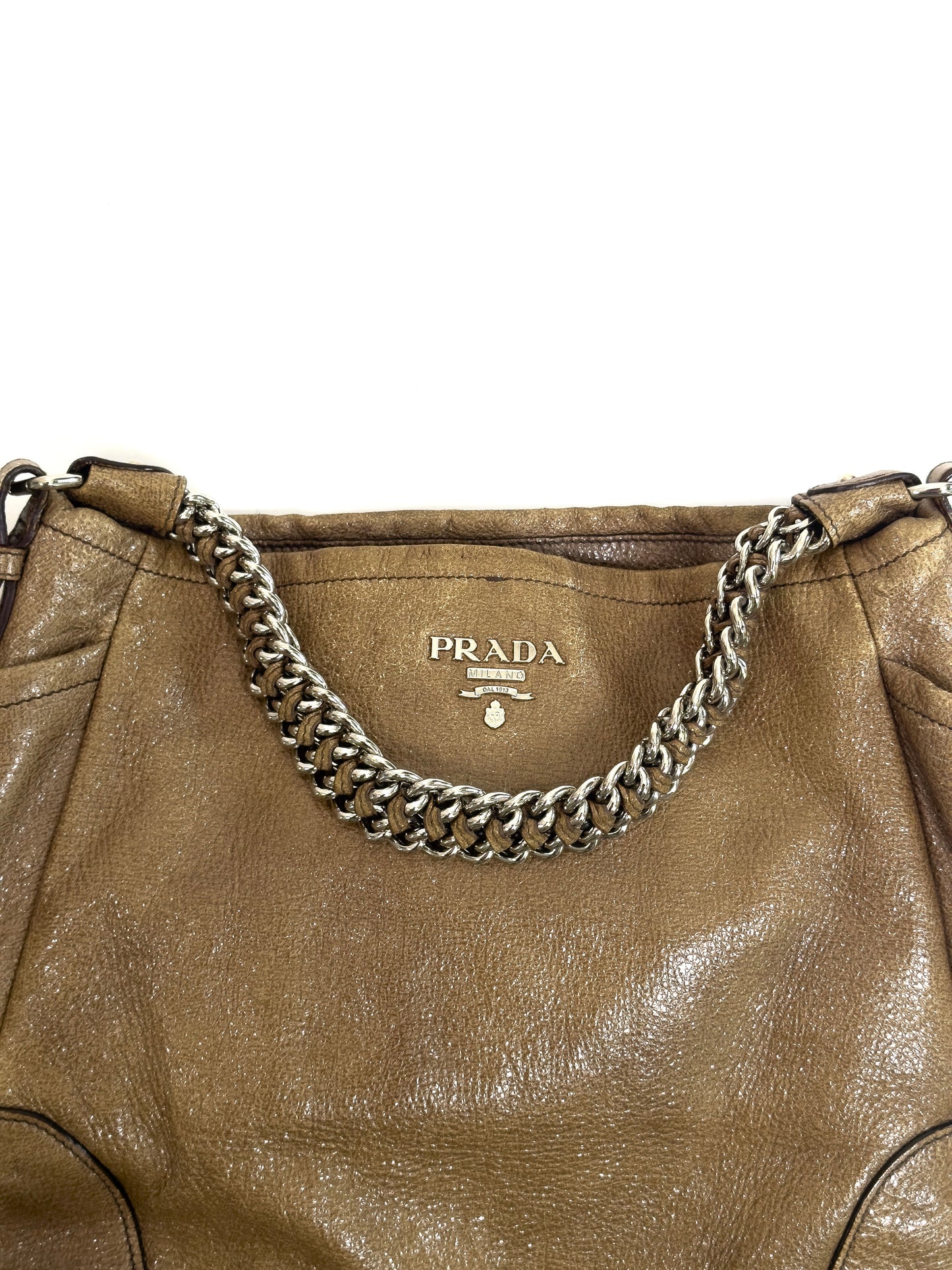 PRADA gunmetal leather hobo bag