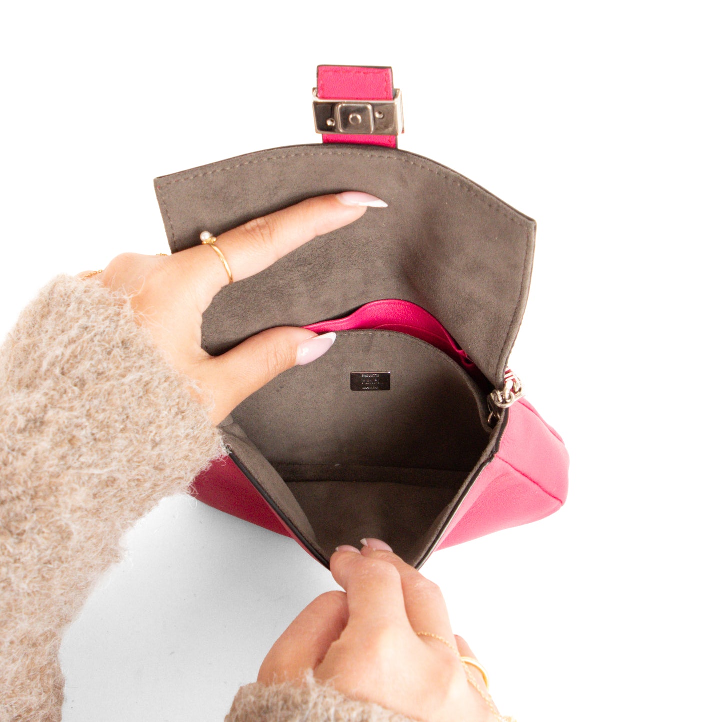 FENDI pink leather micro baguette + crossbody strap