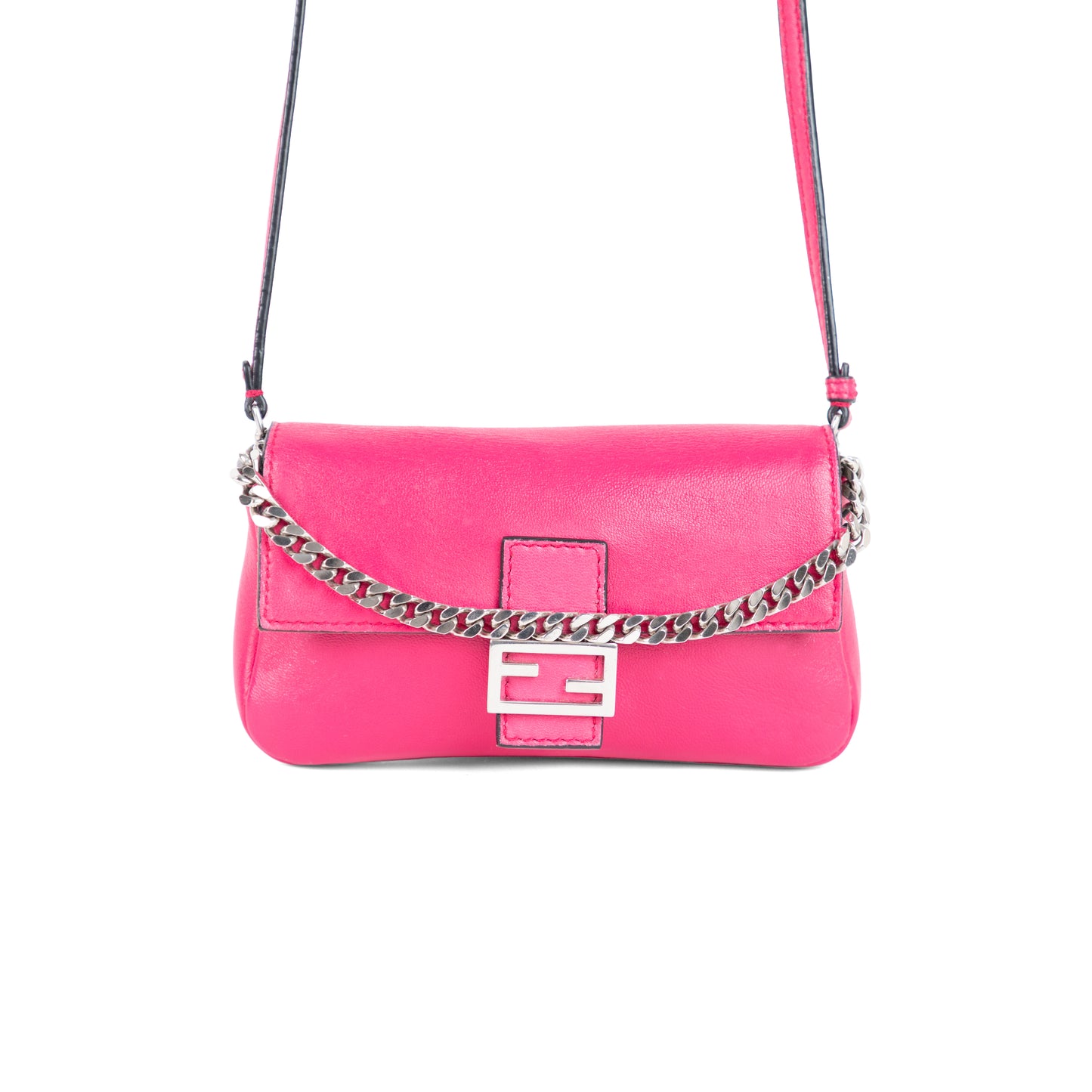 FENDI pink leather micro baguette + crossbody strap