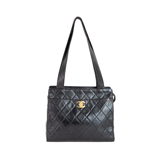 CHANEL black lambskin quilted leather tote